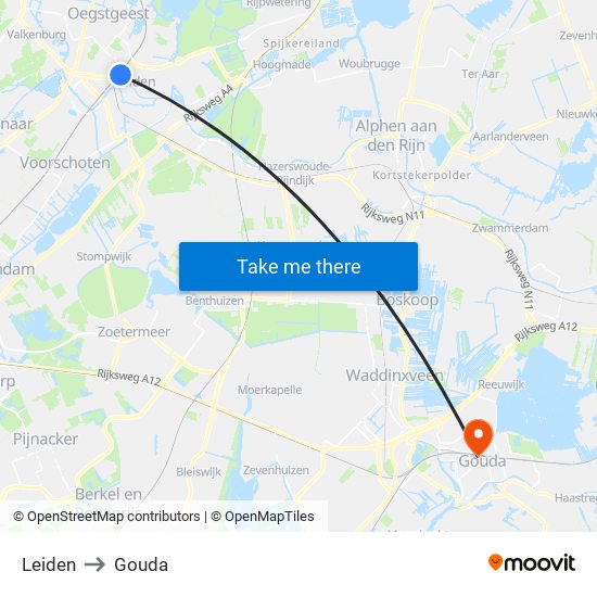 Leiden to Gouda map