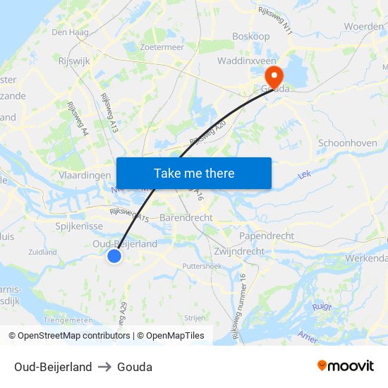 Oud-Beijerland to Gouda map