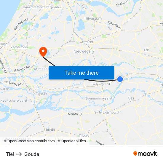 Tiel to Gouda map