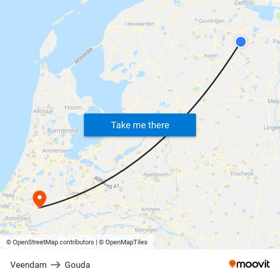 Veendam to Gouda map