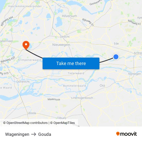 Wageningen to Gouda map