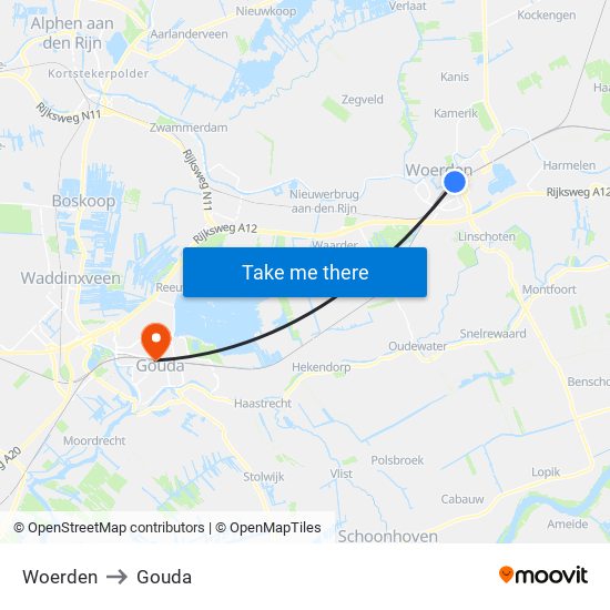 Woerden to Gouda map