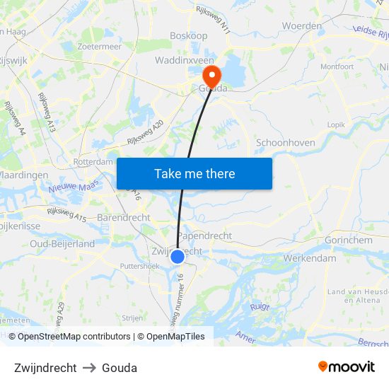 Zwijndrecht to Gouda map
