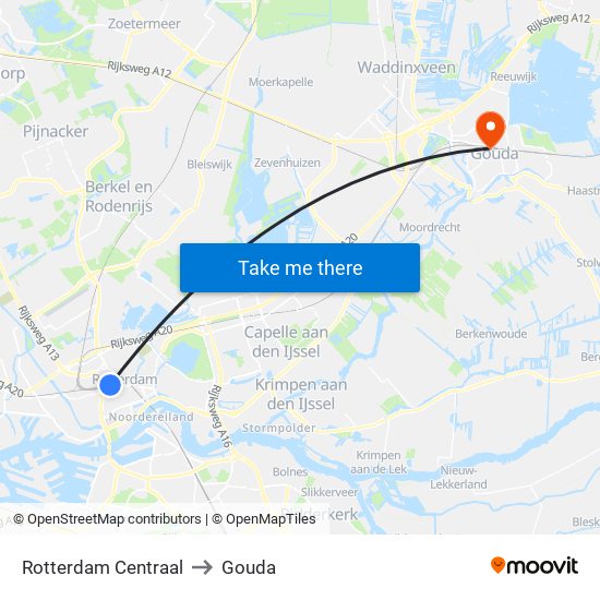 Rotterdam Centraal to Gouda map