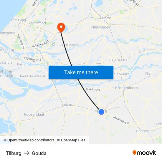 Tilburg to Gouda map