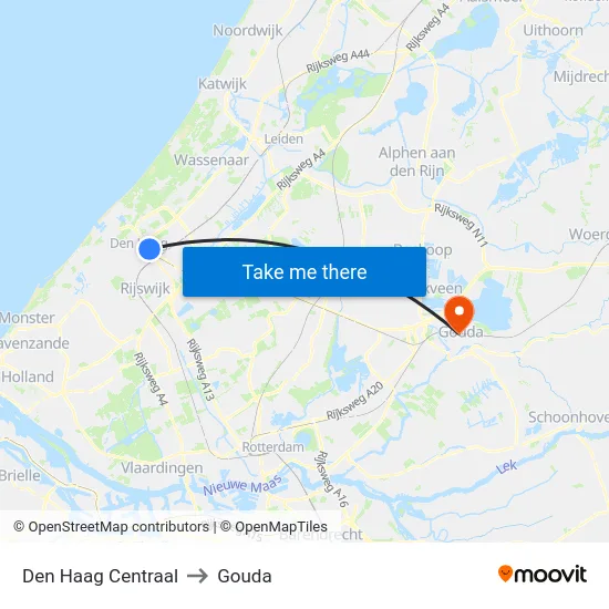 Den Haag Centraal to Gouda map