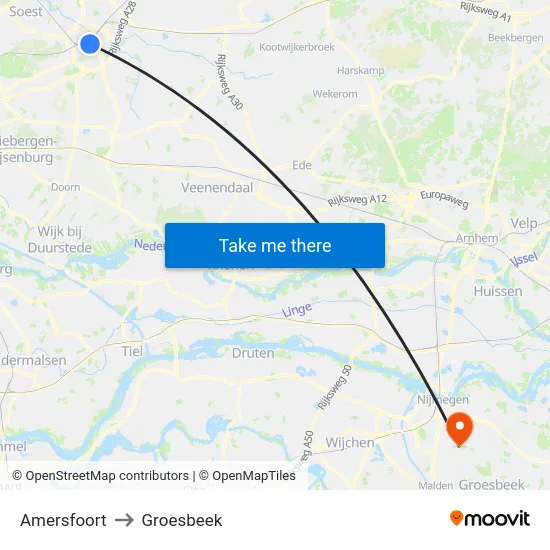 Amersfoort to Groesbeek map
