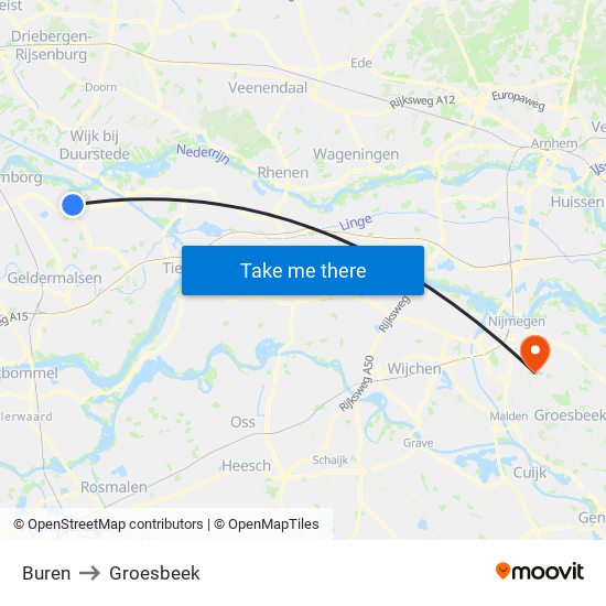 Buren to Groesbeek map