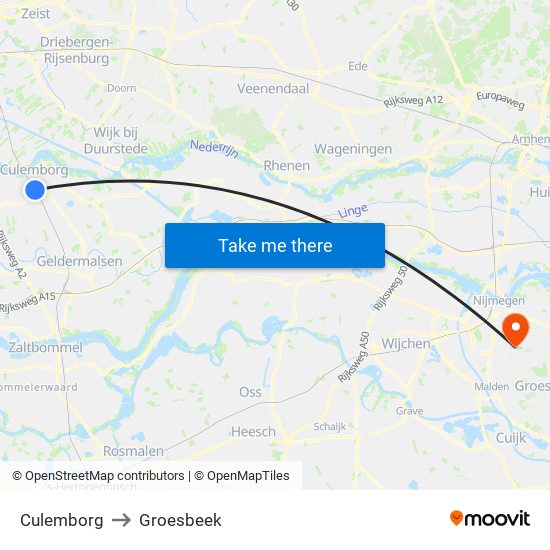 Culemborg to Groesbeek map