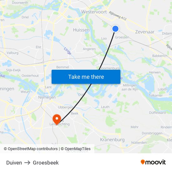 Duiven to Groesbeek map