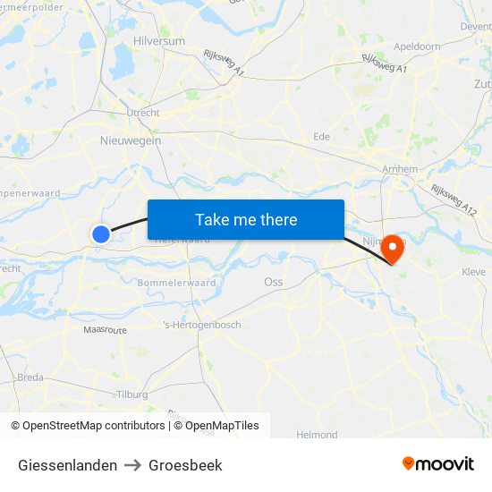 Giessenlanden to Groesbeek map