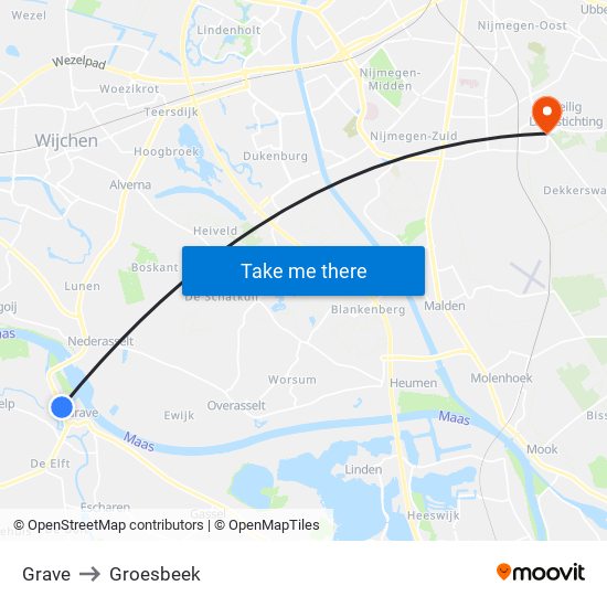 Grave to Groesbeek map