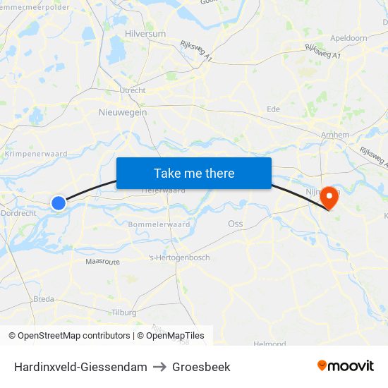 Hardinxveld-Giessendam to Groesbeek map