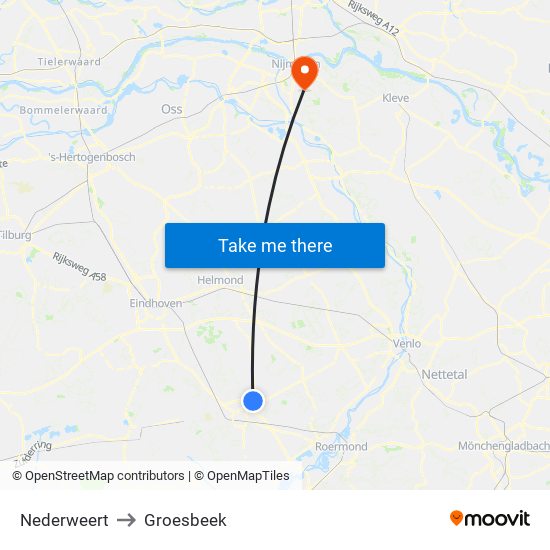 Nederweert to Groesbeek map