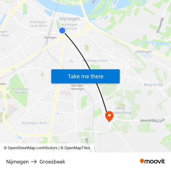 Nijmegen to Groesbeek map