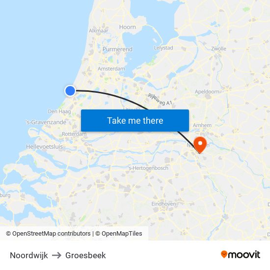 Noordwijk to Groesbeek map