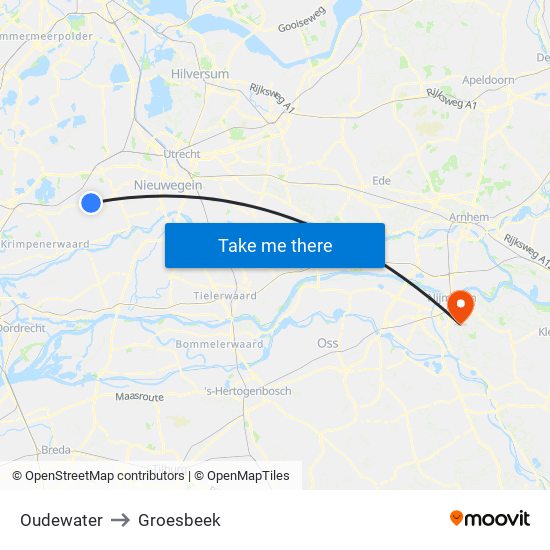 Oudewater to Groesbeek map