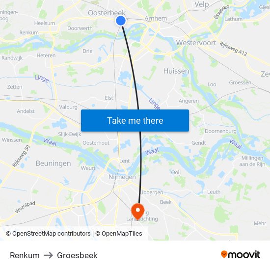 Renkum to Groesbeek map