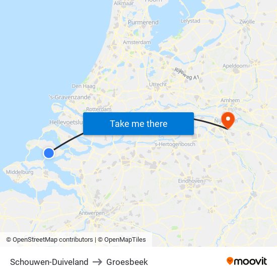 Schouwen-Duiveland to Groesbeek map