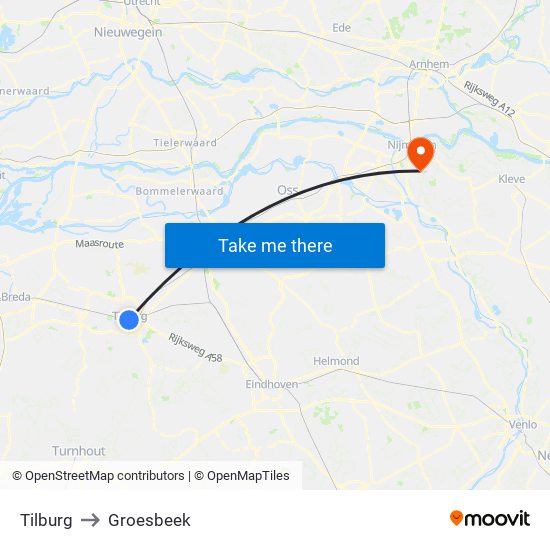 Tilburg to Groesbeek map