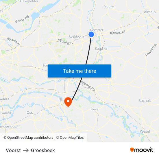 Voorst to Groesbeek map