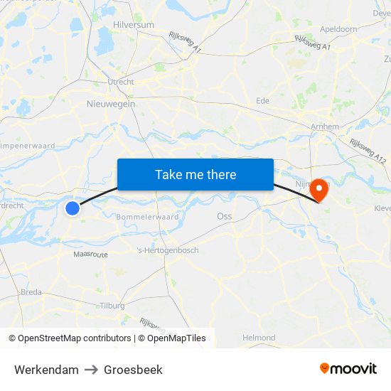 Werkendam to Groesbeek map