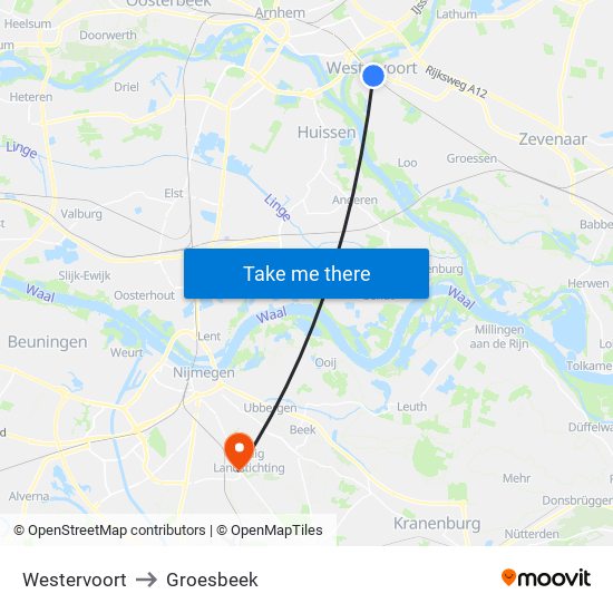 Westervoort to Groesbeek map