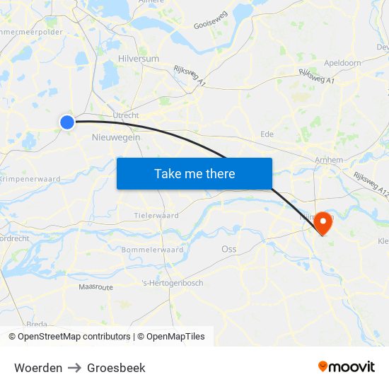 Woerden to Groesbeek map