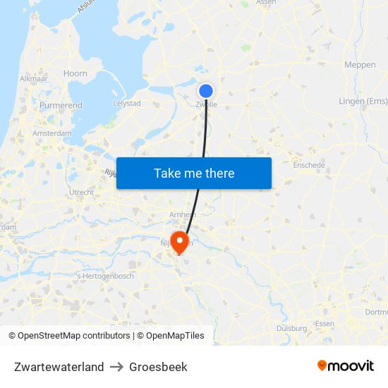 Zwartewaterland to Groesbeek map