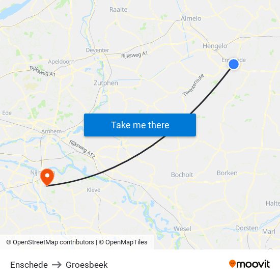 Enschede to Groesbeek map