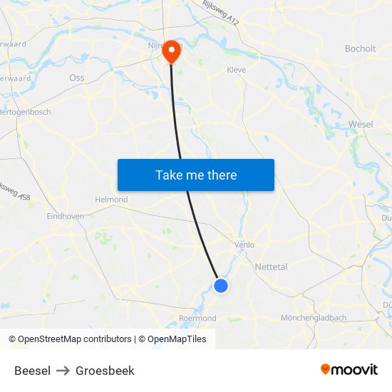 Beesel to Groesbeek map