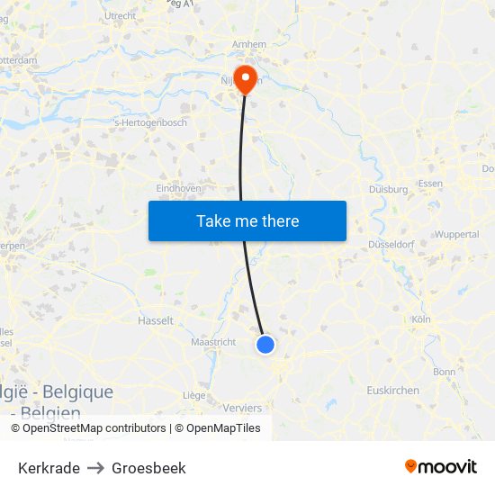 Kerkrade to Groesbeek map