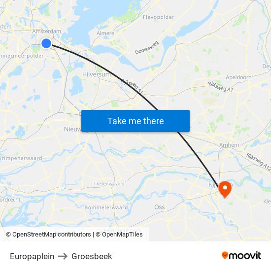 Europaplein to Groesbeek map