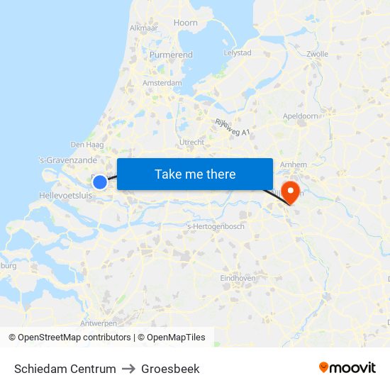 Schiedam Centrum to Groesbeek map