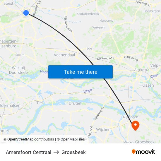 Amersfoort Centraal to Groesbeek map