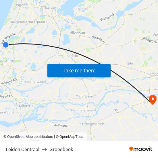 Leiden Centraal to Groesbeek map