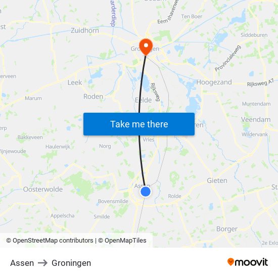 Assen to Groningen map