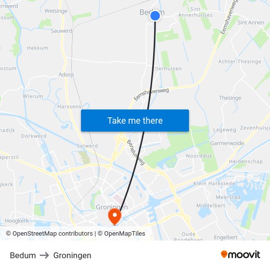 Bedum to Groningen map