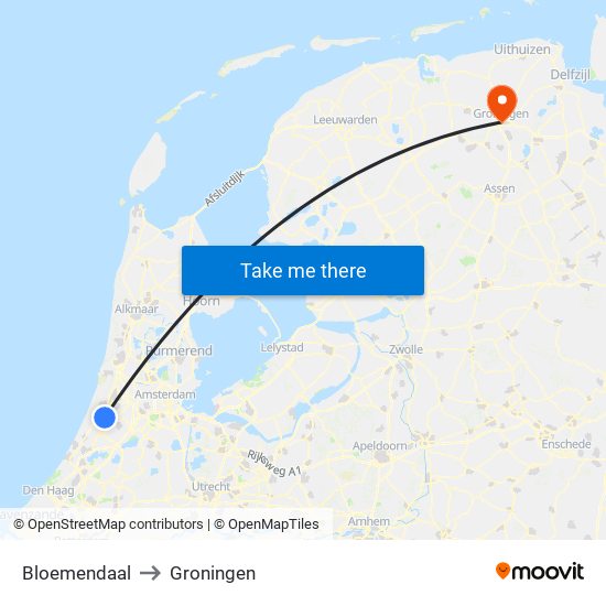 Bloemendaal to Groningen map