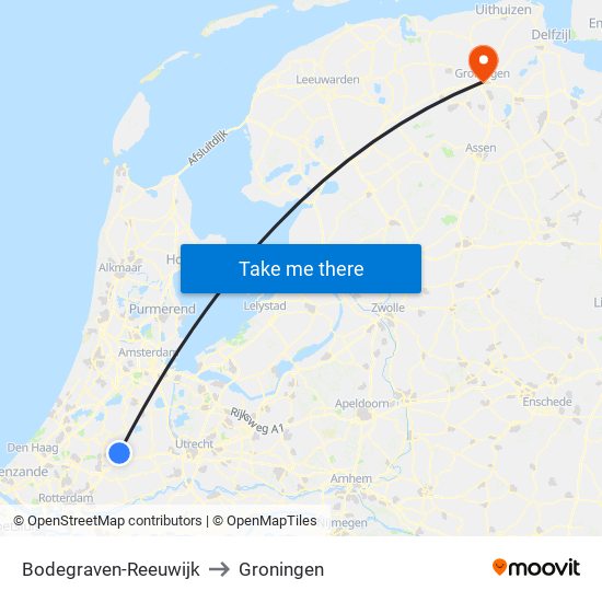 Bodegraven-Reeuwijk to Groningen map