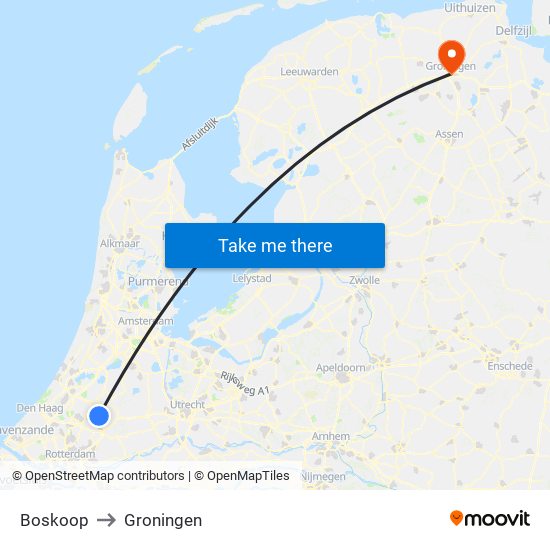 Boskoop to Groningen map