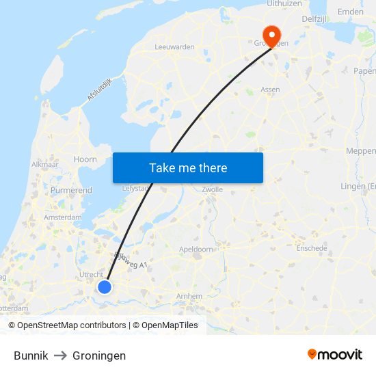 Bunnik to Groningen map