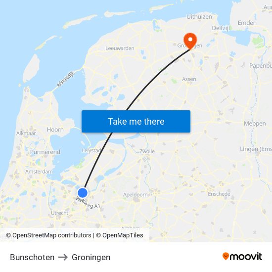 Bunschoten to Groningen map