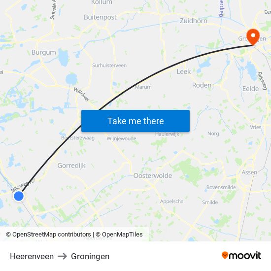 Heerenveen to Groningen map