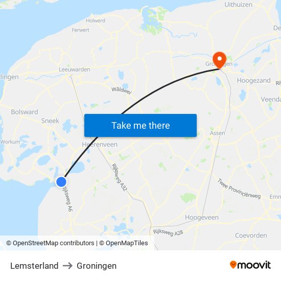 Lemsterland to Groningen map