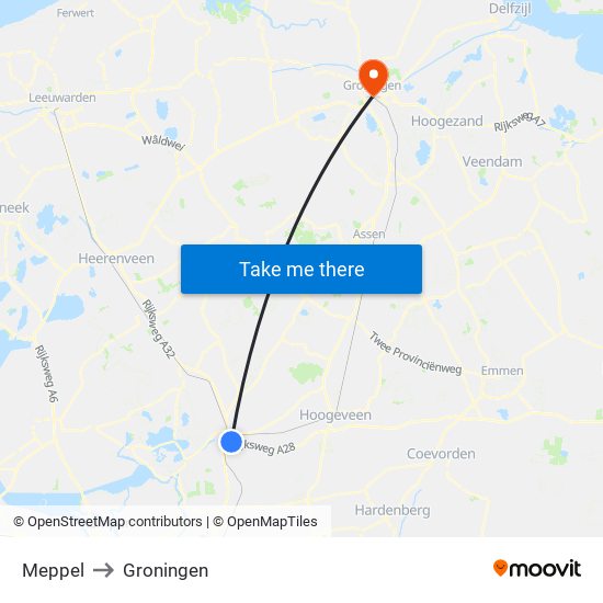 Meppel to Groningen map