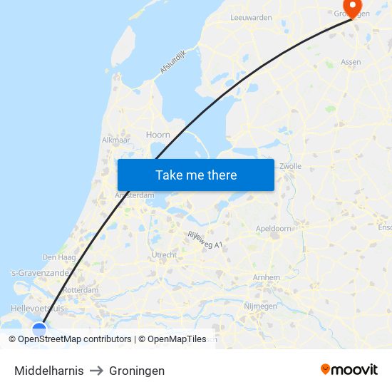 Middelharnis to Groningen map