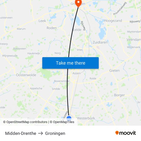 Midden-Drenthe to Groningen map