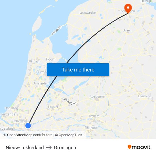 Nieuw-Lekkerland to Groningen map