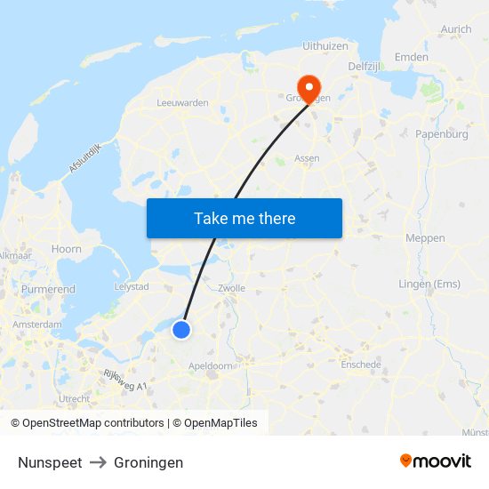 Nunspeet to Groningen map